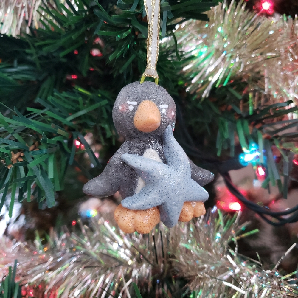 New Handmade Salt Dough Penguin with Star Ornament